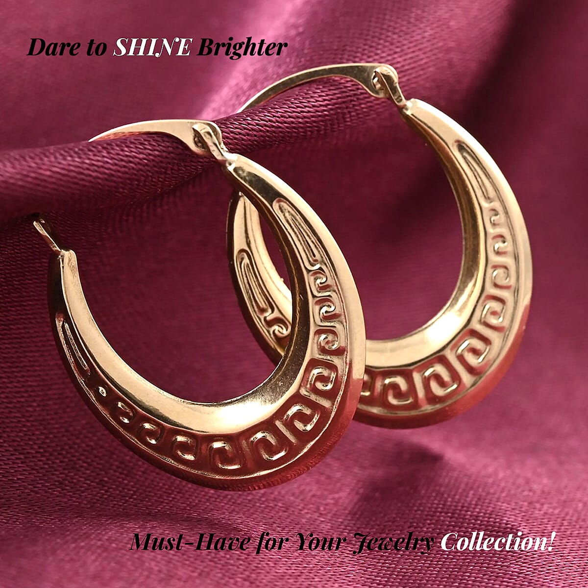 14K Yellow Gold Hoop Earrings, Gold Earrings For Her, Greek Key Hoop Earrings image number 2