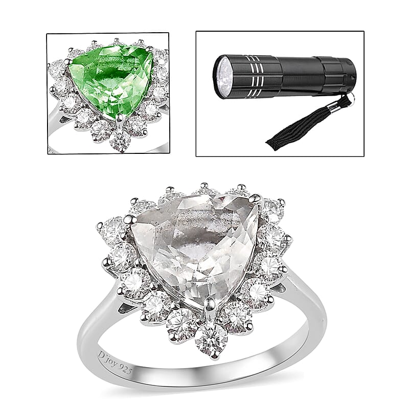 Mexican Hyalite Opal and Moissanite Halo Ring in Platinum Over Sterling Silver (Size 10.0) with Free UV Flash Light 3.50 ctw