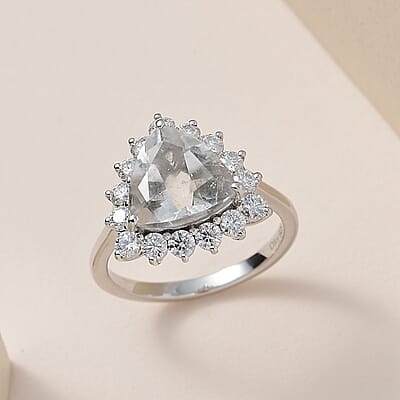 Mexican Hyalite Opal and Moissanite Halo Ring in Platinum Over Sterling Silver (Size 10.0) with Free UV Flash Light 3.50 ctw