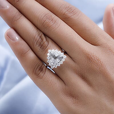 Mexican Hyalite Opal and Moissanite Halo Ring in Platinum Over Sterling Silver (Size 10.0) with Free UV Flash Light 3.50 ctw