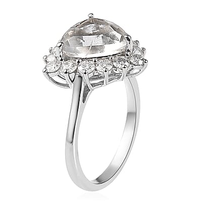 Mexican Hyalite Opal and Moissanite Halo Ring in Platinum Over Sterling Silver (Size 10.0) with Free UV Flash Light 3.50 ctw
