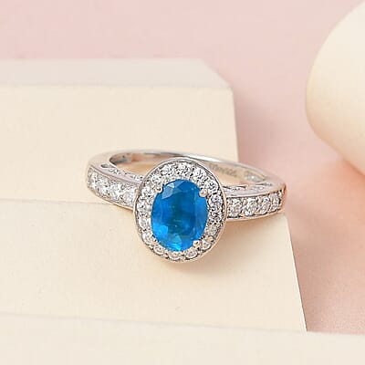 Malgache Neon Apatite and Moissanite Halo Ring in Platinum Over Sterling Silver (Size 10.0) 1.75 ctw