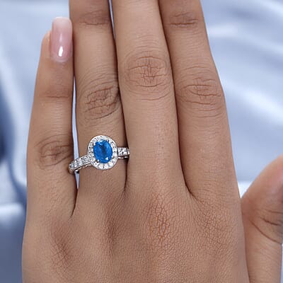 Malgache Neon Apatite and Moissanite Halo Ring in Platinum Over Sterling Silver (Size 10.0) 1.75 ctw