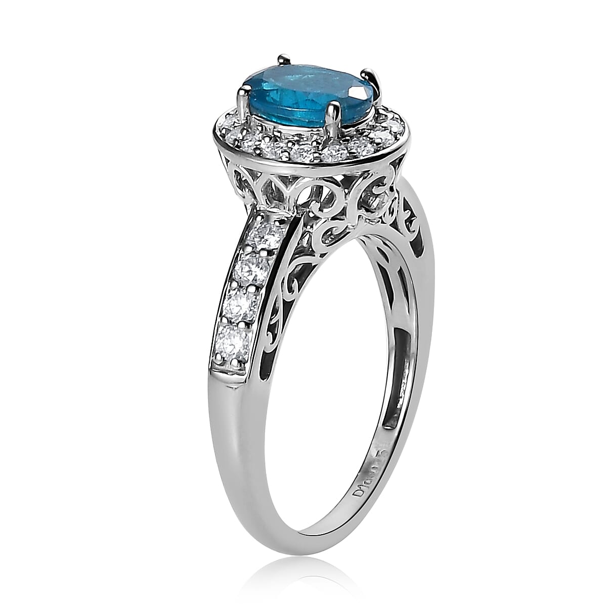 Malgache Neon Apatite and Moissanite Halo Ring in Platinum Over Sterling Silver (Size 10.0) 1.75 ctw