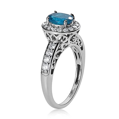 Malgache Neon Apatite and Moissanite Halo Ring in Platinum Over Sterling Silver (Size 10.0) 1.75 ctw