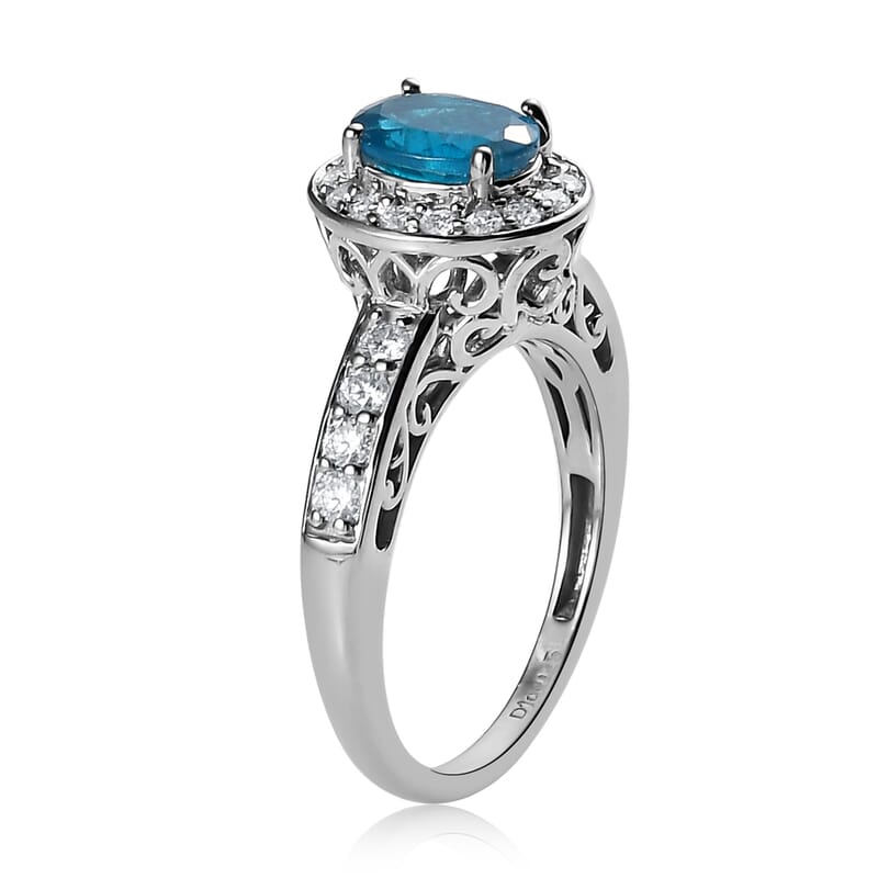 Malgache Neon Apatite and Moissanite Halo Ring in Platinum Over Sterling Silver (Size 10.0) 1.75 ctw