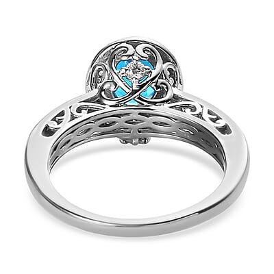 Malgache Neon Apatite and Moissanite Halo Ring in Platinum Over Sterling Silver (Size 10.0) 1.75 ctw