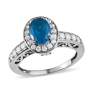 Malgache Neon Apatite and Moissanite Halo Ring in Platinum Over Sterling Silver (Size 9.0) 1.75 ctw