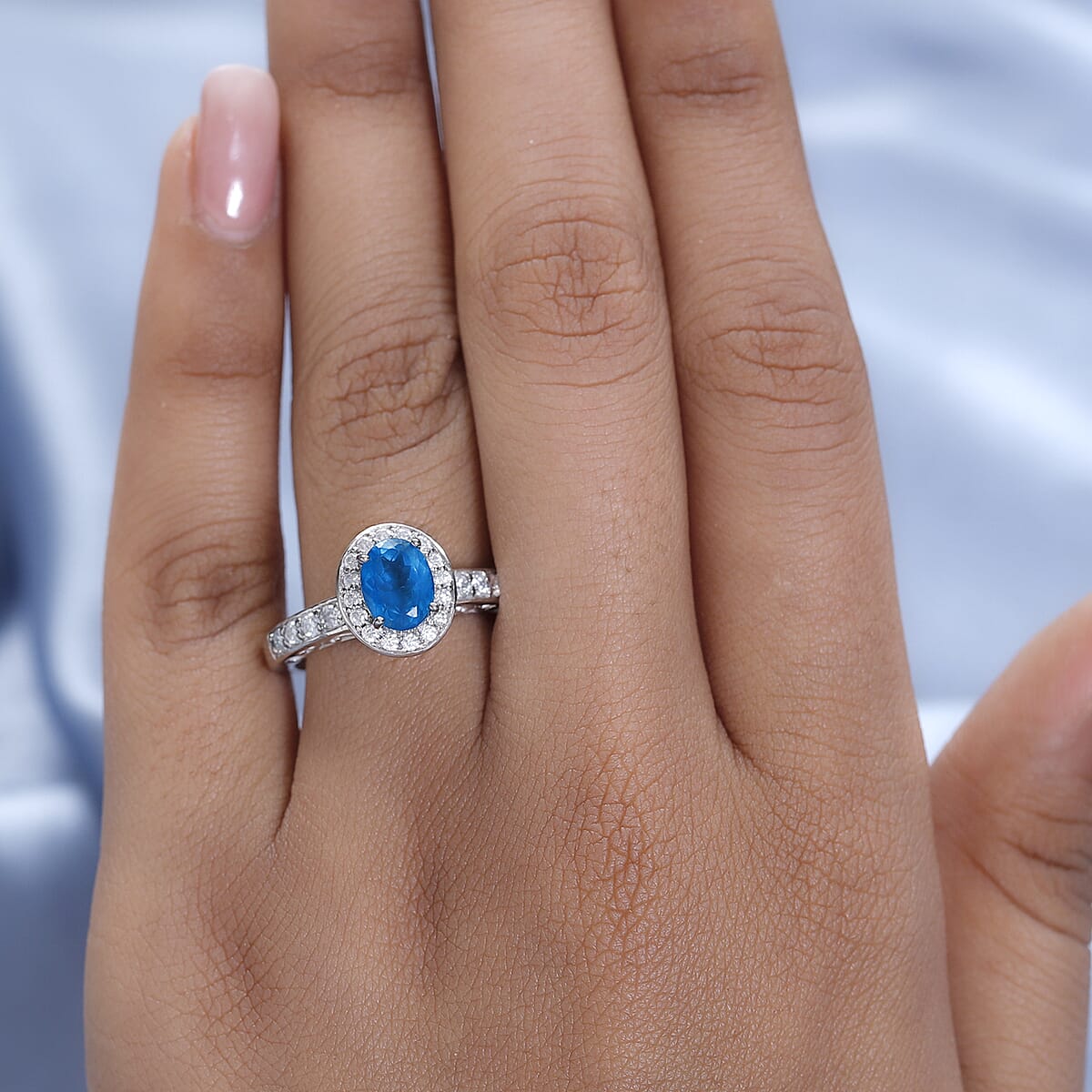 Malgache Neon Apatite and Moissanite Halo Ring in Platinum Over Sterling Silver (Size 9.0) 1.75 ctw image number 2