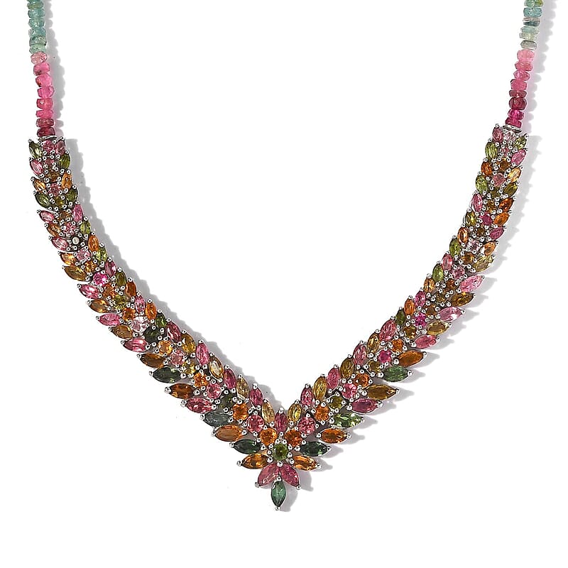 Multi-Tourmaline V-Shape Necklace 20 Inches in Platinum Over Sterling Silver 56.15 ctw