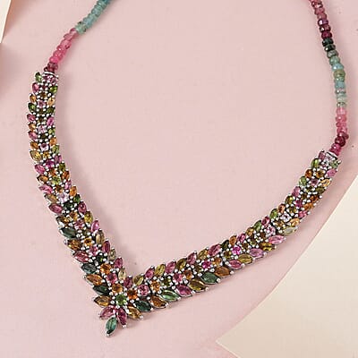 Multi-Tourmaline V-Shape Necklace 20 Inches in Platinum Over Sterling Silver 56.15 ctw
