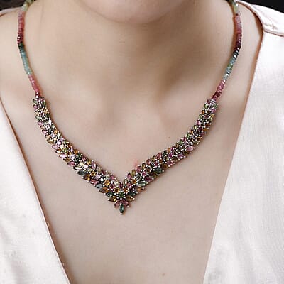 Multi-Tourmaline V-Shape Necklace 20 Inches in Platinum Over Sterling Silver 56.15 ctw