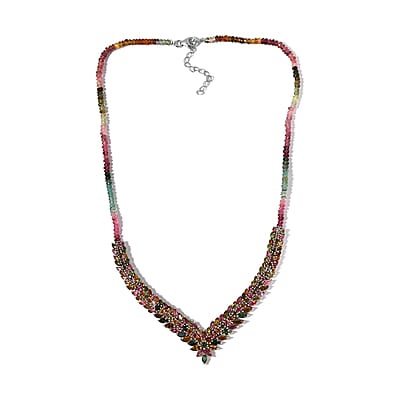 Multi-Tourmaline V-Shape Necklace 20 Inches in Platinum Over Sterling Silver 56.15 ctw