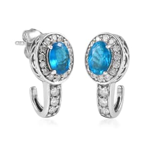 Malgache Neon Apatite and Moissanite J-Hoop Earrings in Platinum Over Sterling Silver 2.40 ctw