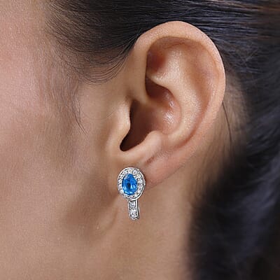 Malgache Neon Apatite and Moissanite J-Hoop Earrings in Platinum Over Sterling Silver 2.40 ctw