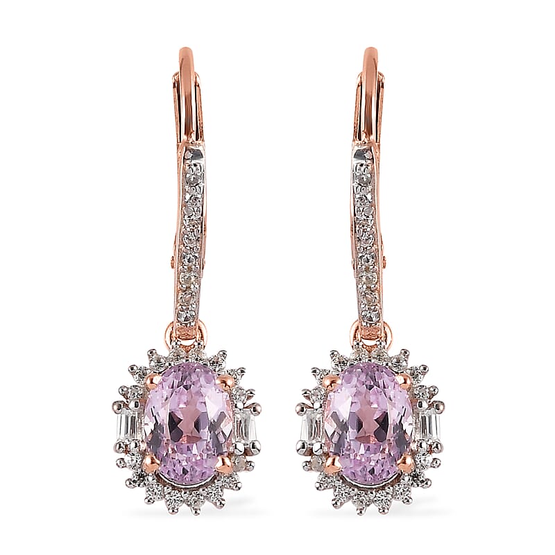 Premium Martha Rocha Kunzite and White Zircon Lever Back Earrings in Vermeil Rose Gold Over Sterling Silver 2.90 ctw