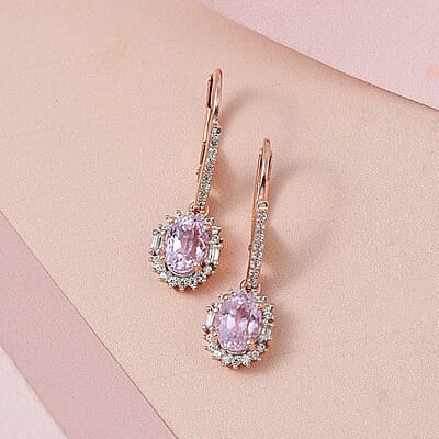 Premium Martha Rocha Kunzite and White Zircon Lever Back Earrings in Vermeil Rose Gold Over Sterling Silver 2.90 ctw