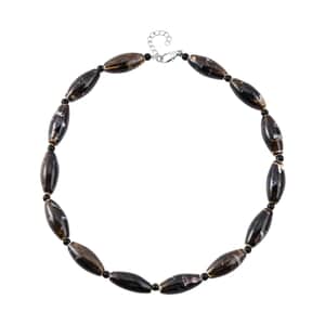 Brown Color Ceramic and Black Glass Beaded Necklace 24-26 Inches in Silvertone