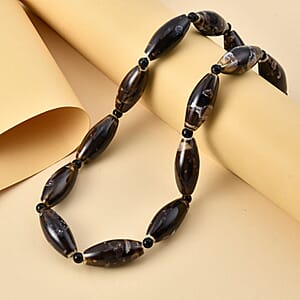 Brown Color Ceramic and Black Glass Beaded Necklace in Silvertone 24-26 Inches