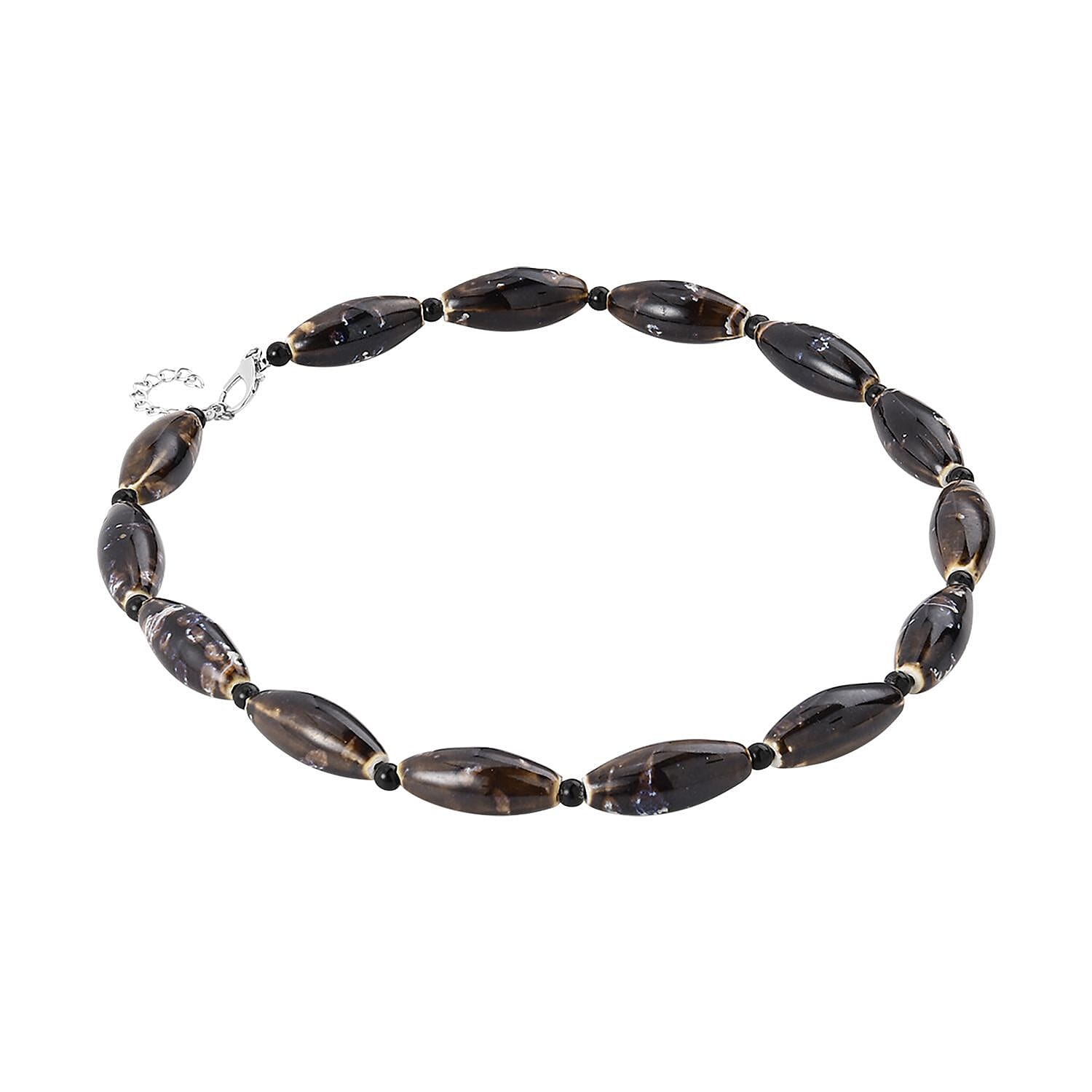 Brown Color Ceramic and Black Glass Beaded Necklace in Silvertone 24-26 Inches