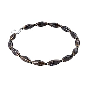 Brown Color Ceramic and Black Glass Beaded Necklace in Silvertone 24-26 Inches
