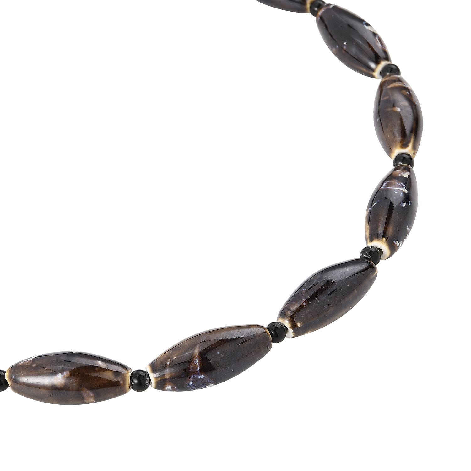 Brown Color Ceramic and Black Glass Beaded Necklace in Silvertone 24-26 Inches