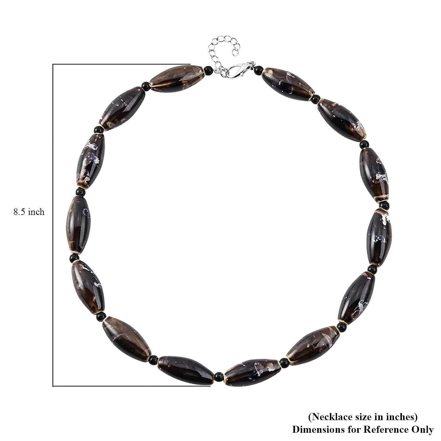 Brown Color Ceramic and Black Glass Beaded Necklace in Silvertone 24-26 Inches