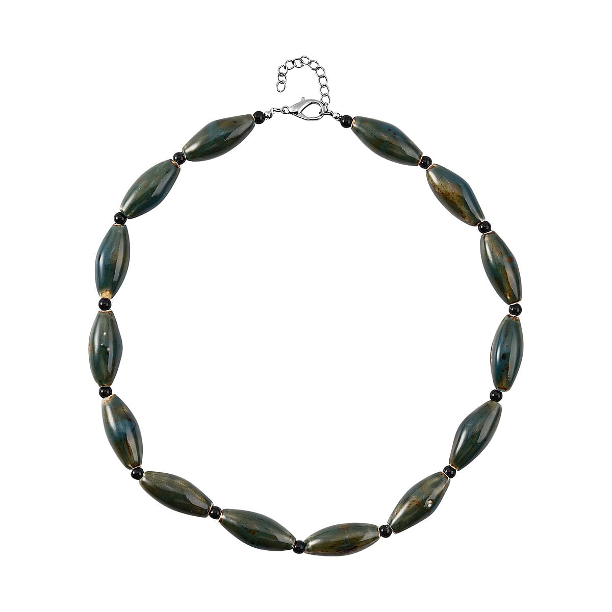 Green Color Ceramic and Black Glass Beaded Necklace in Silvertone 24-26 Inches image number 0