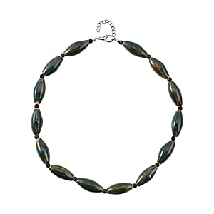 Green Color Ceramic and Black Glass Beaded Necklace in Silvertone 24-26 Inches