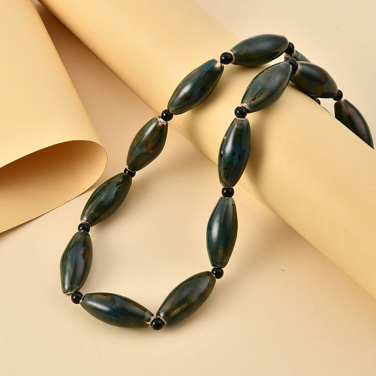Green Color Ceramic and Black Glass Beaded Necklace in Silvertone 24-26 Inches image number 1