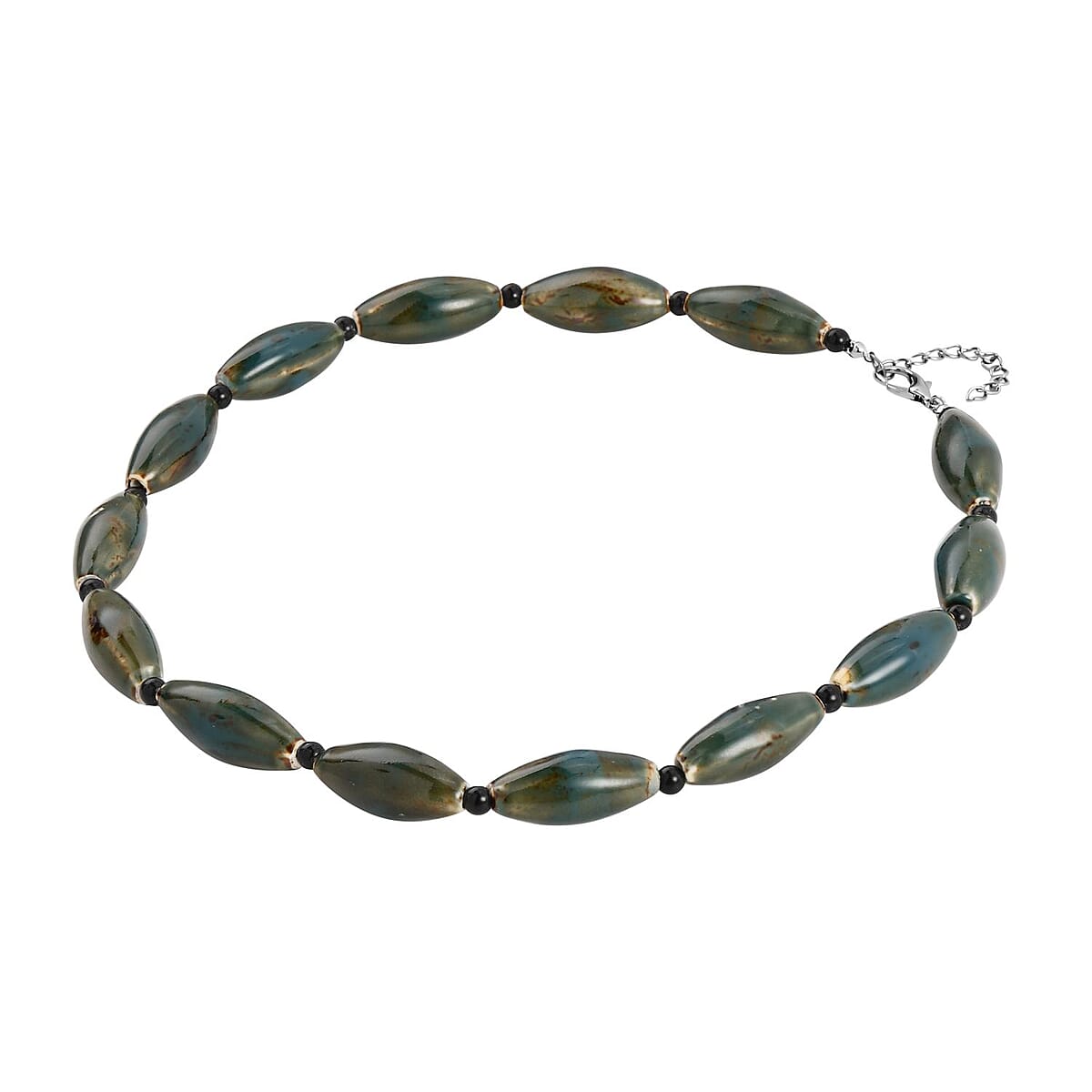 Green Color Ceramic and Black Glass Beaded Necklace in Silvertone 24-26 Inches image number 2