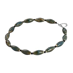 Green Color Ceramic and Black Glass Beaded Necklace in Silvertone 24-26 Inches