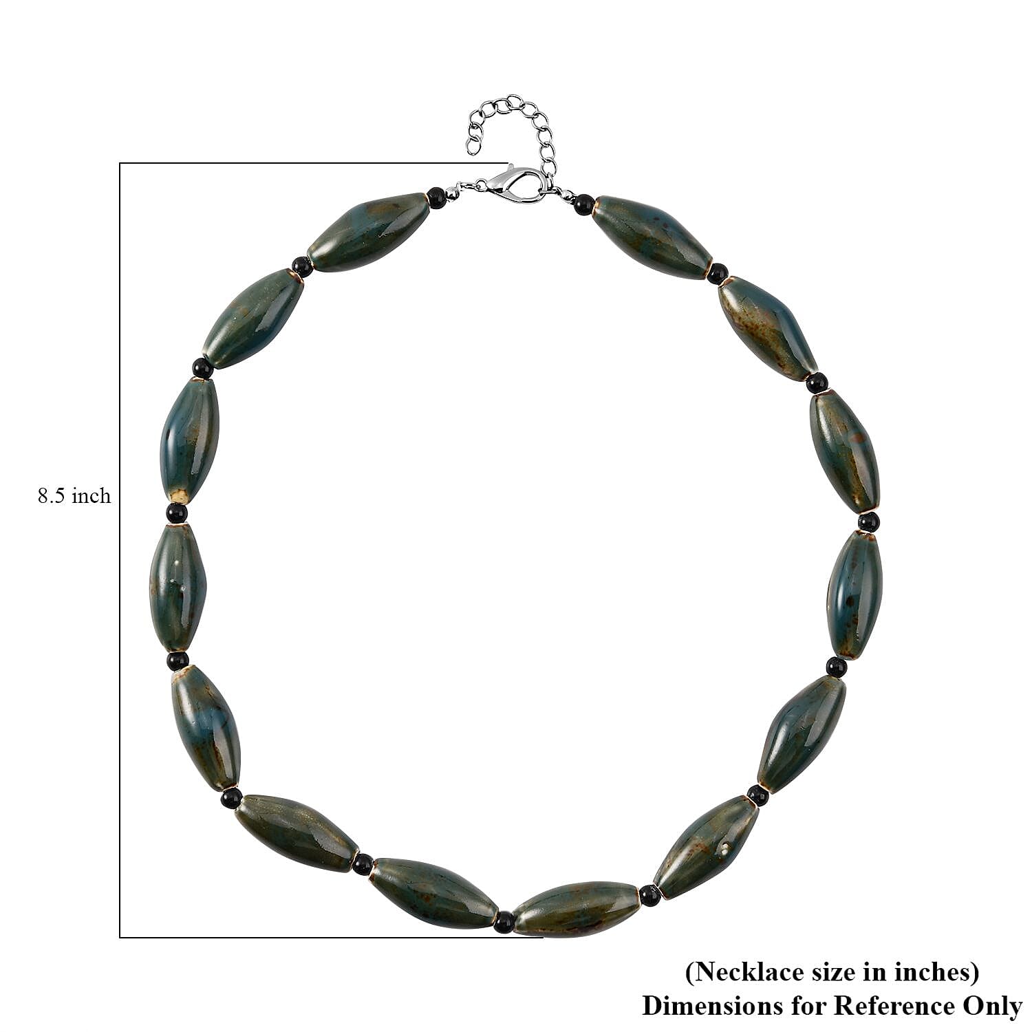 Green Color Ceramic and Black Glass Beaded Necklace in Silvertone 24-26 Inches