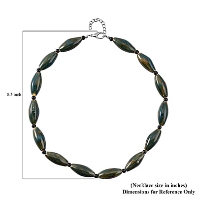 Green Color Ceramic and Black Glass Beaded Necklace in Silvertone 24-26 Inches