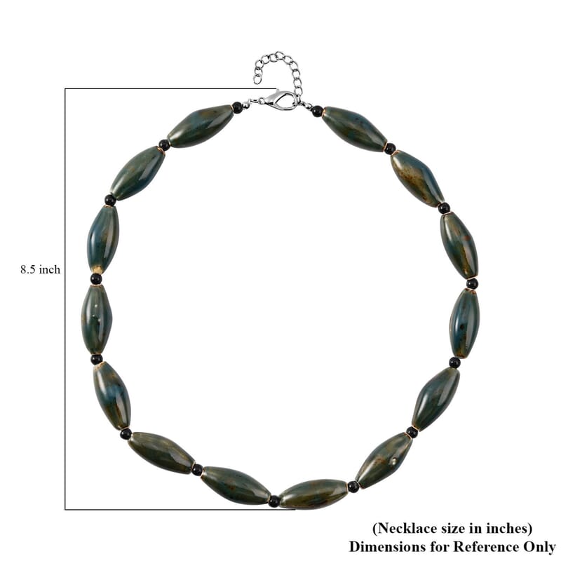 Green Color Ceramic and Black Glass Beaded Necklace in Silvertone 24-26 Inches