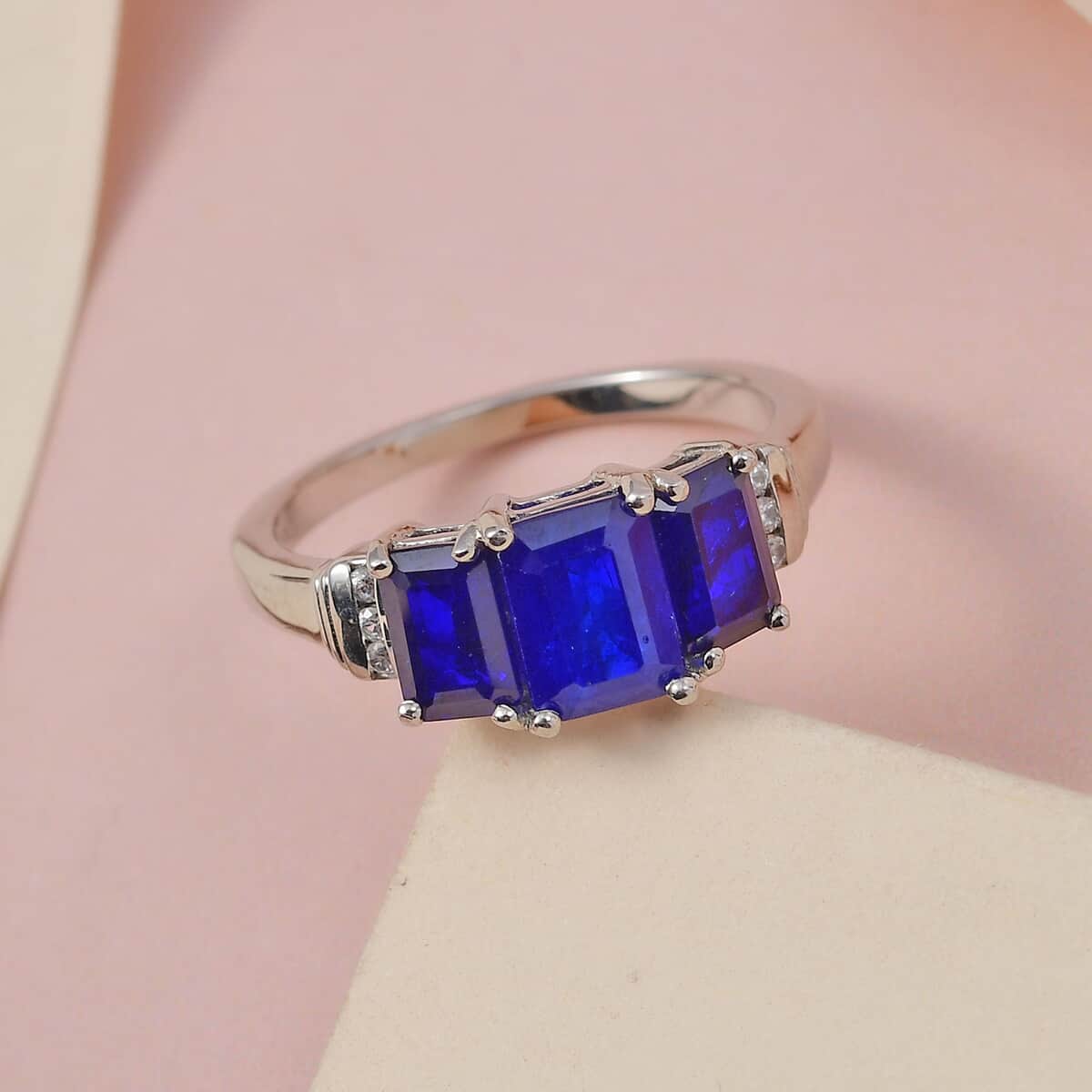 Tanzanian Blue Spinel (DF), Natural White Zircon 3 Stone Ring in Platinum Over Sterling Silver (Size 10.0) 2.75 ctw image number 1