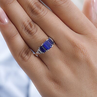 Tanzanian Blue Spinel (DF) and Natural White Zircon 3 Stone Ring in Platinum Over Sterling Silver (Size 10.0) 2.75 ctw