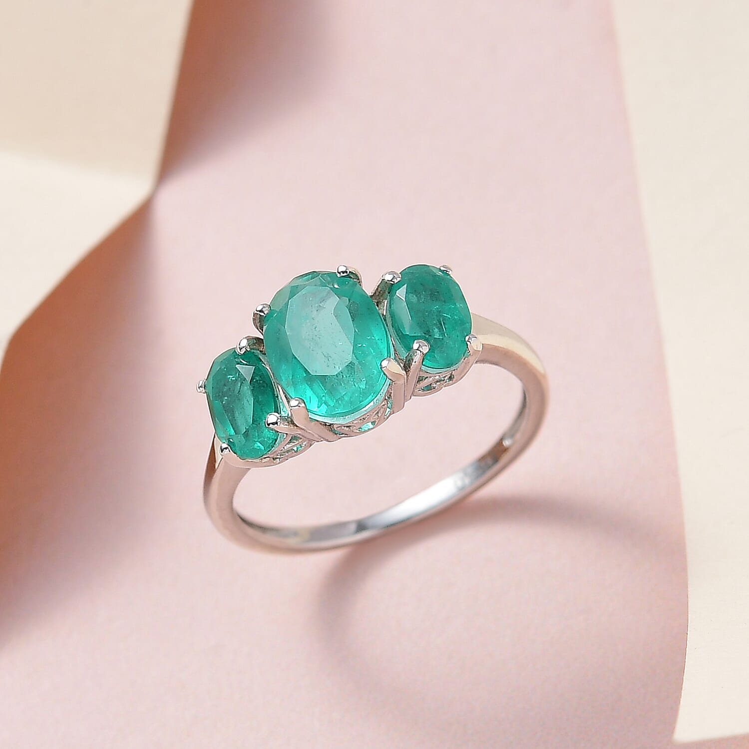 Emeraldine Quartz (Triplet) 3 Stone Ring in Platinum Over Sterling Silver (Size 10.0) 2.65 ctw
