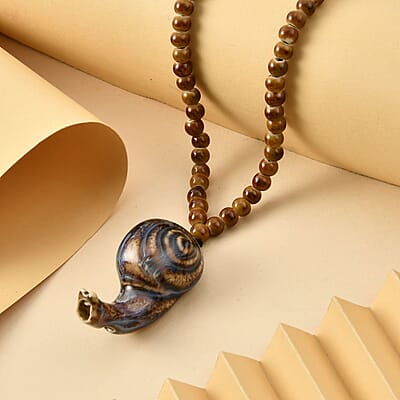 Brown Color Ceramic Beaded Whistle Pendant Necklace 22-24 Inches in Silvertone