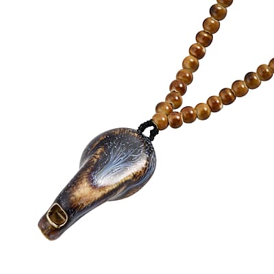 Brown Color Ceramic Beaded Whistle Pendant Necklace 22-24 Inches in Silvertone