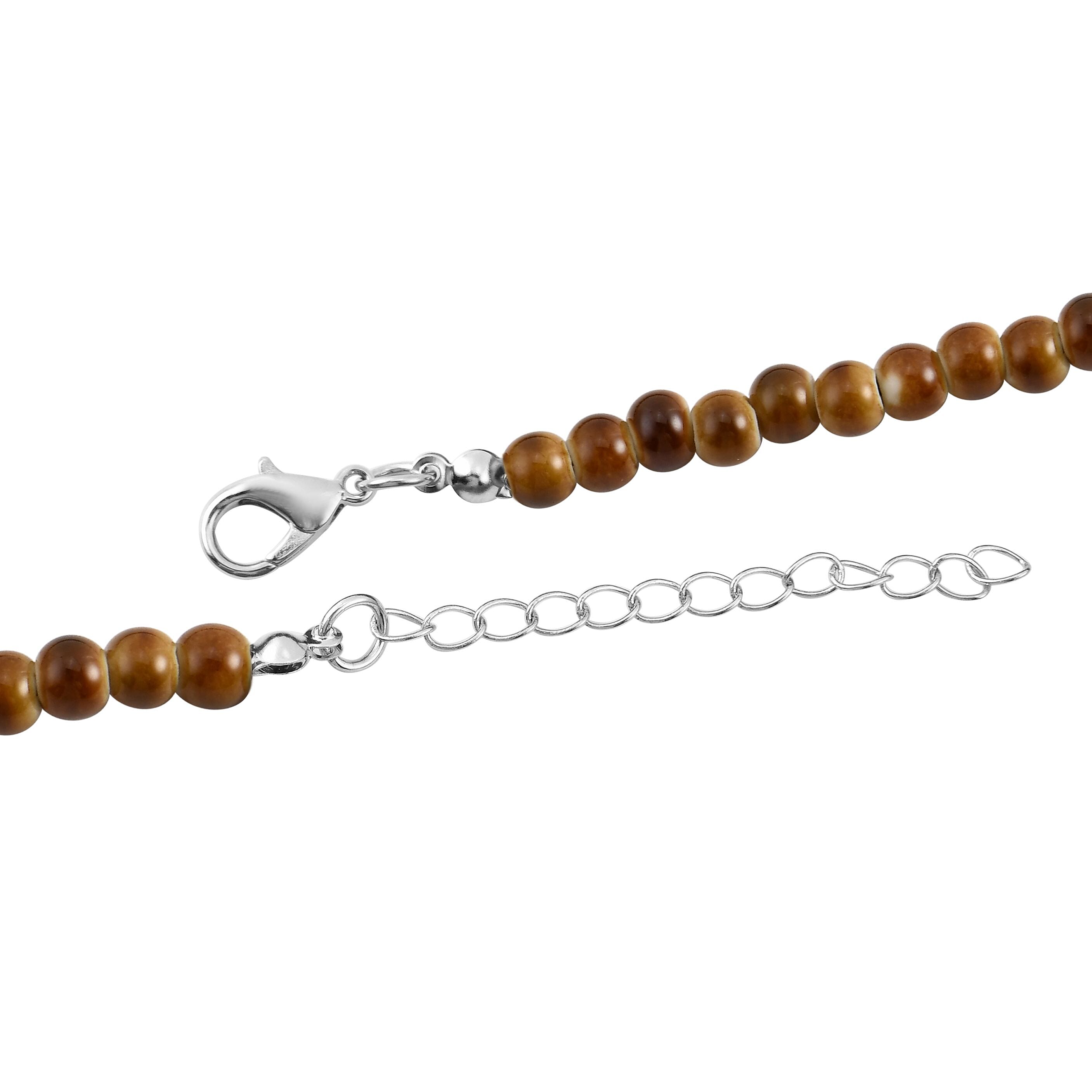 Brown Color Ceramic Beaded Whistle Pendant Necklace 22-24 Inches in Silvertone