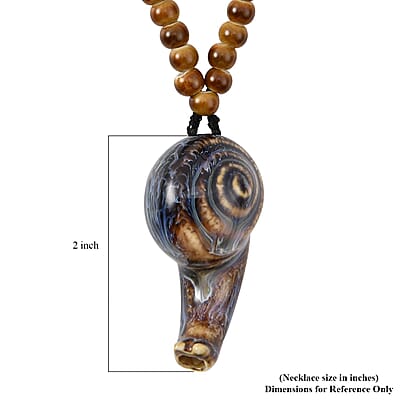 Brown Color Ceramic Beaded Whistle Pendant Necklace 22-24 Inches in Silvertone