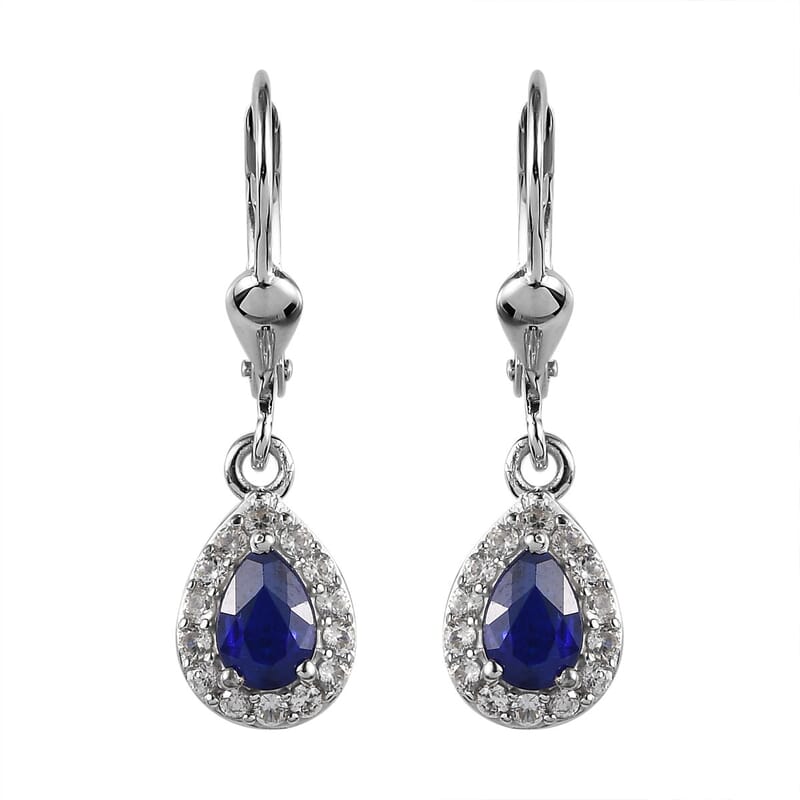 Tanzanian Blue Spinel (DF) and White Zircon Lever Back Earrings in Platinum Over Sterling Silver 1.25 ctw