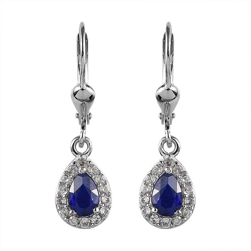 Tanzanian Blue Spinel (DF) and White Zircon Lever Back Earrings in Platinum Over Sterling Silver 1.25 ctw