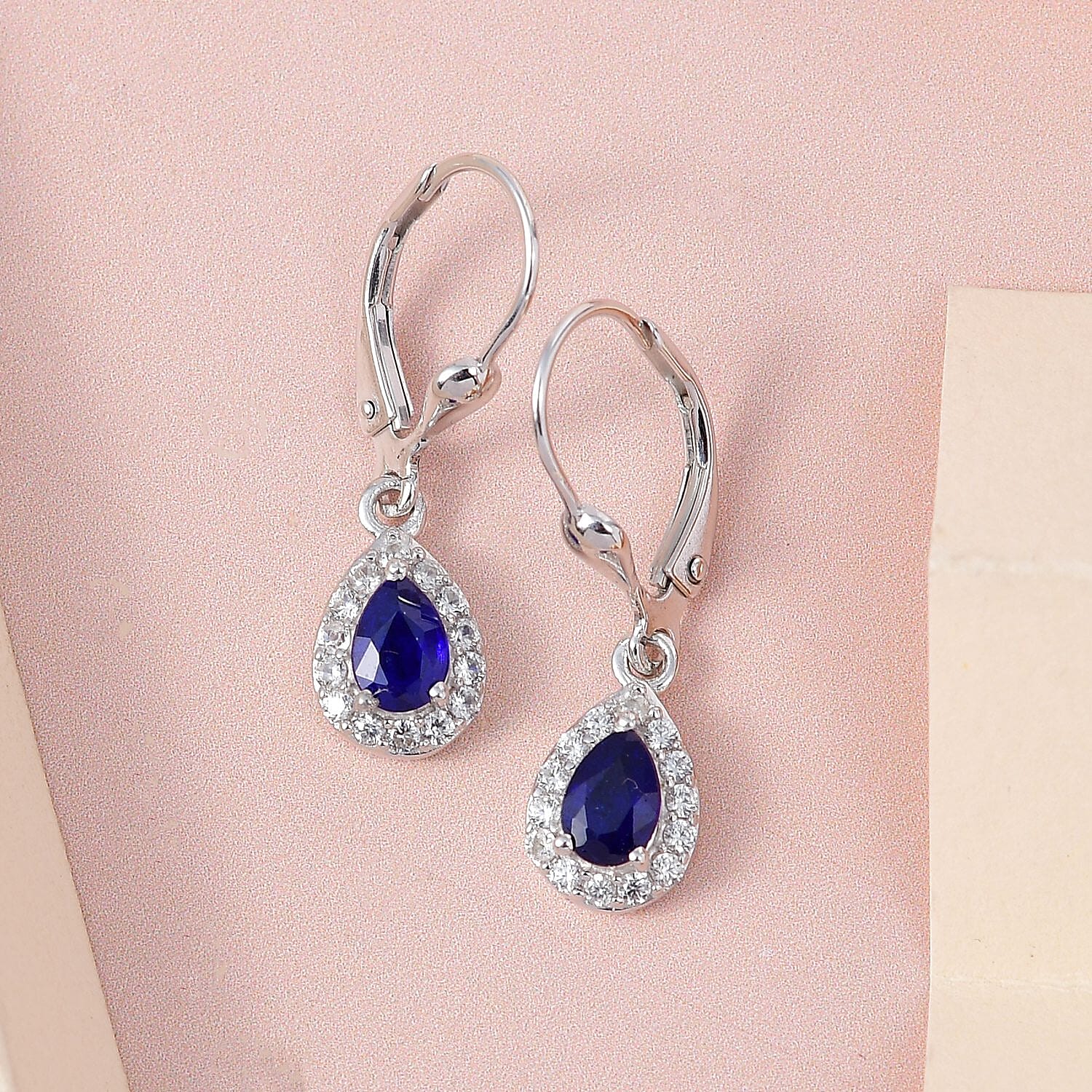 Tanzanian Blue Spinel (DF) and White Zircon Lever Back Earrings in Platinum Over Sterling Silver 1.25 ctw