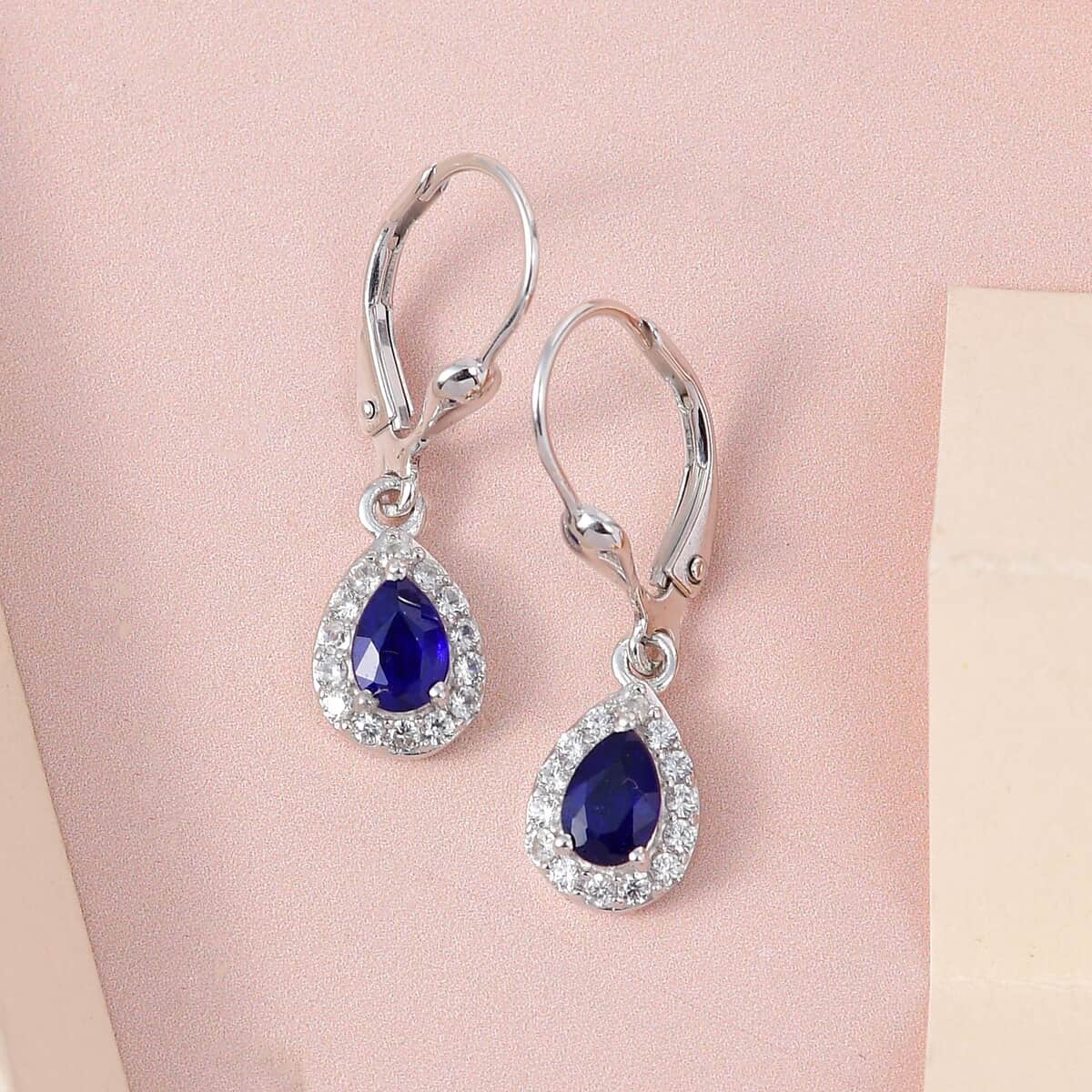 Tanzanian Blue Spinel (DF) and White Zircon Lever Back Earrings in Platinum Over Sterling Silver 1.25 ctw image number 1