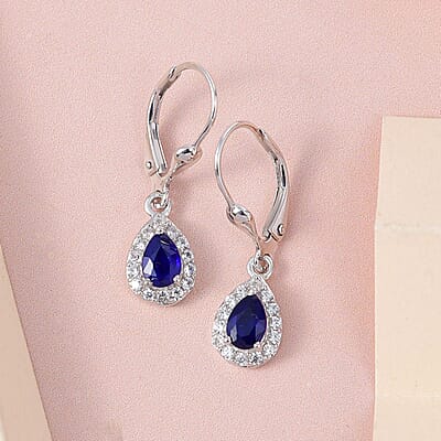 Tanzanian Blue Spinel (DF) and White Zircon Lever Back Earrings in Platinum Over Sterling Silver 1.25 ctw