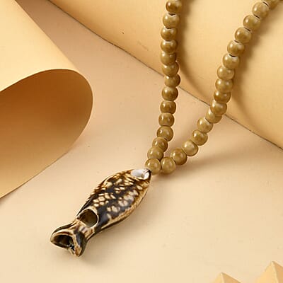 Yellow Color Ceramic Beaded Whistle Pendant Necklace 22-24 Inches in Silvertone