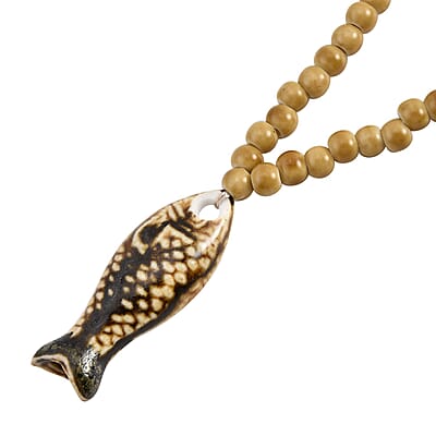Yellow Color Ceramic Beaded Whistle Pendant Necklace 22-24 Inches in Silvertone