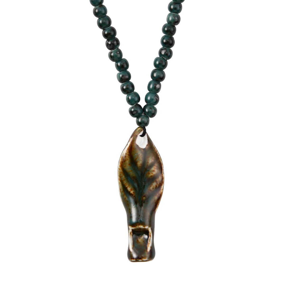 Green Color Ceramic Beaded Whistle Pendant Necklace 22-24 Inches in Silvertone image number 0